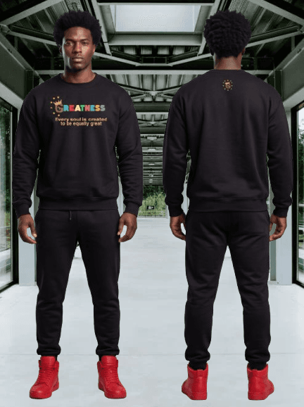 Man in black tracksuit with 'GREATNESS' text and red sneakers, front and back view.