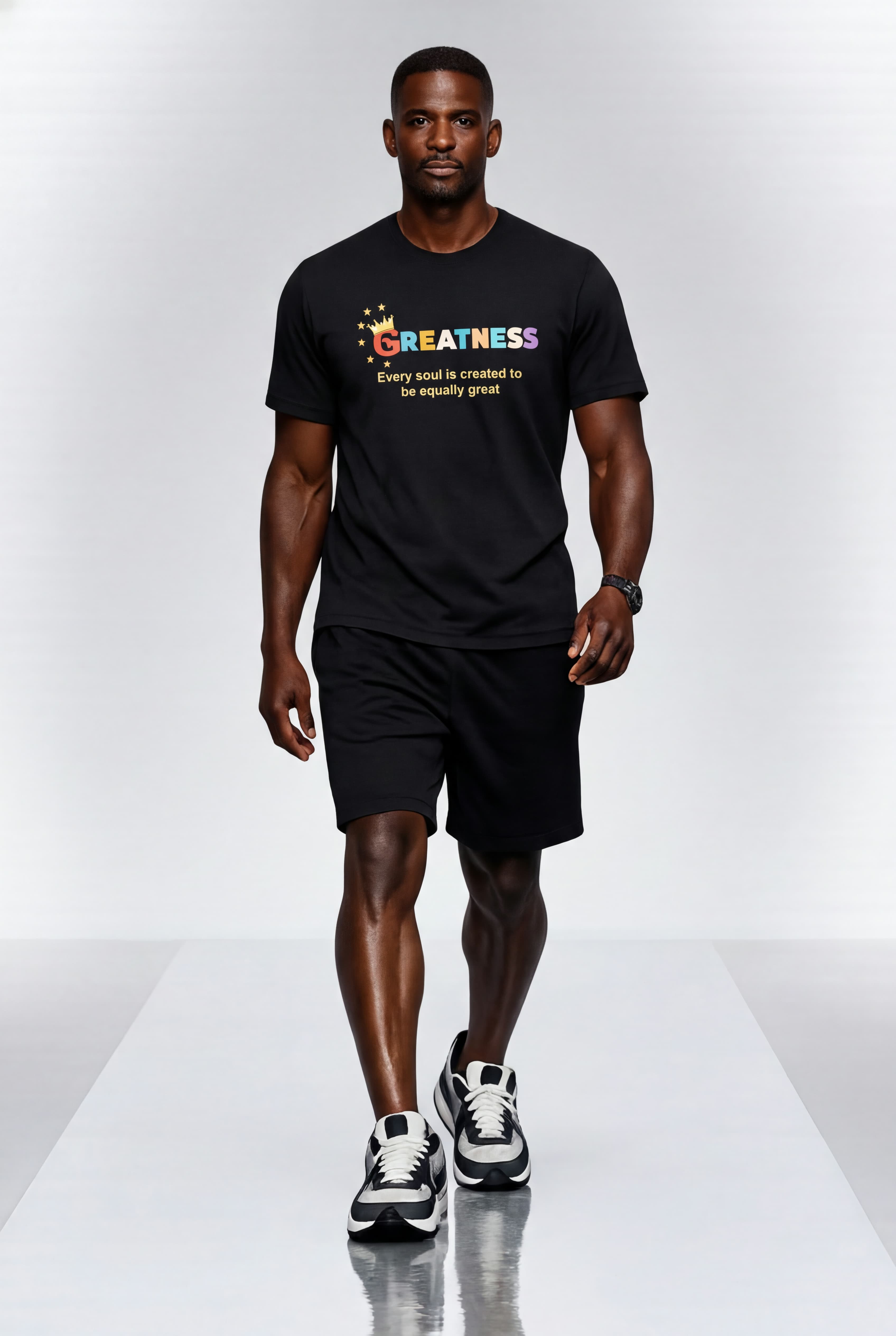 Black man walks on a white runway wearing a black t-shirt with colorful 'GREATNESS' text.