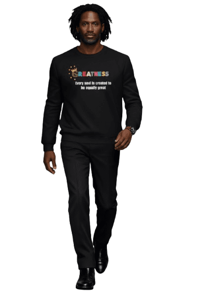 Black man with dreadlocks walking in a sweatshirt reading "GREATNESS" with an inspirational quote.