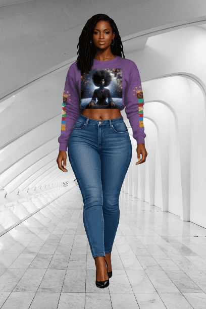 Black woman in a purple graphic crop sweatshirt and blue jeans walking in futuristic hallway.