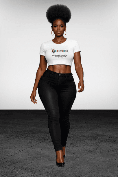Black woman with an afro wearing a white graphic crop top and black jeans.